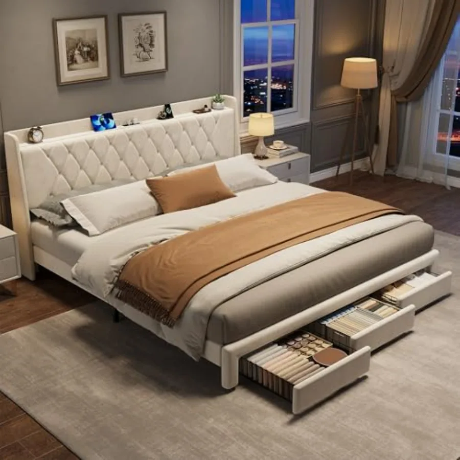 King Size Bed Frame With Storage Drawers - Кровать-платформа размера «King Size» с обивкой