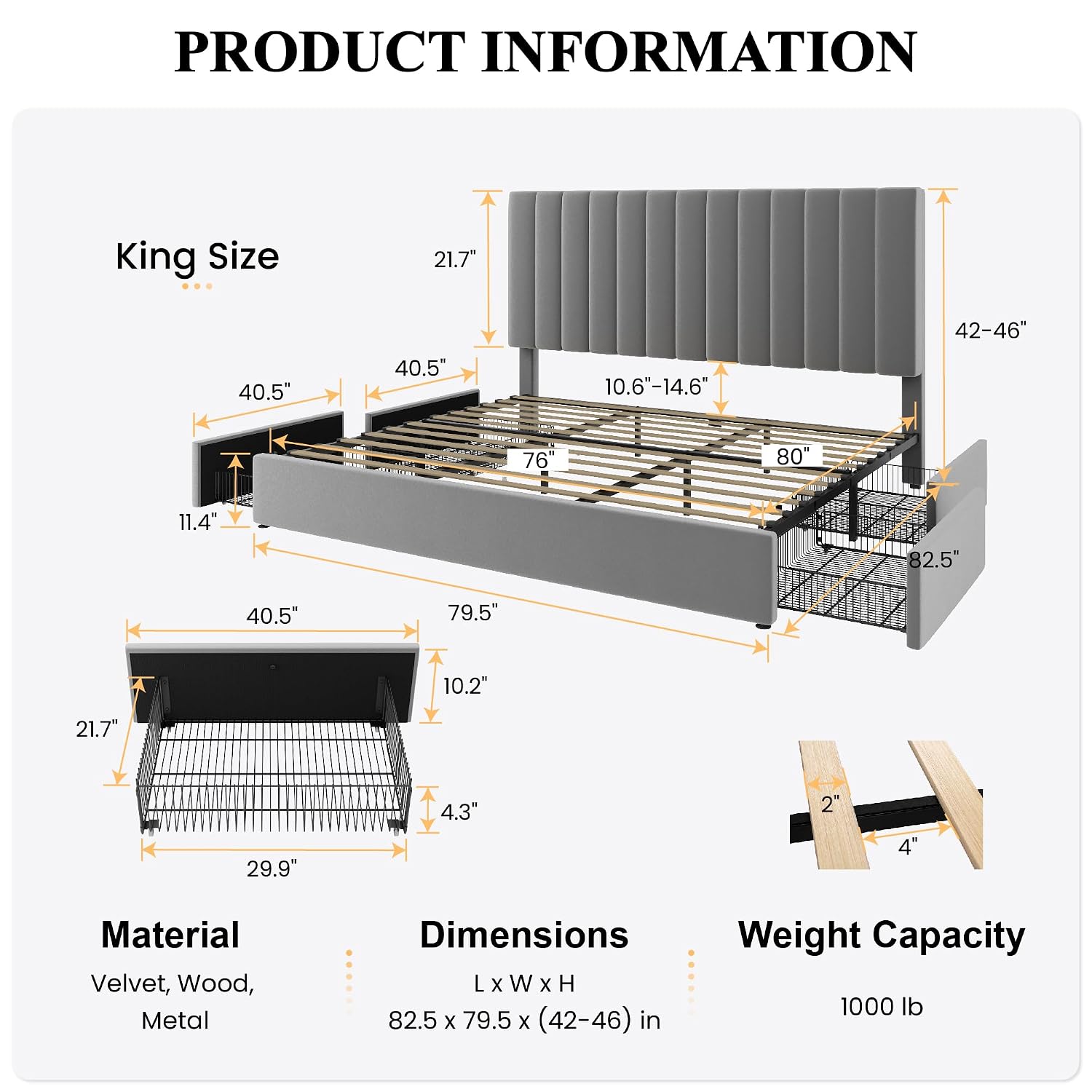 Каркас кровати размера «King S – обзор и цена King Size Bed Frame With Storage Drawers