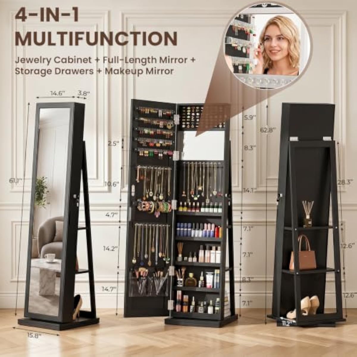 Элегантный черный напольный шк – обзор и цена Full Length Mirror Jewelry Armoire